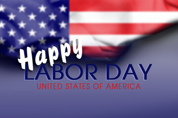 US Labor Day banner template illustration. US labor day celebration with blurred satin american flag on blue background