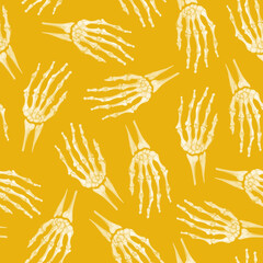 White skeleton hand on yellow watercolor seamless pattern. Template for decorating designs and illustrations.