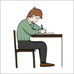 Fototapeta premium Boy writes. Hand-drawn doodle of schoolboy writing in a textbook. Vector, editable, isolated on white. Colored Doodle illustration.