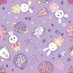 Foto op Canvas Pastel colored seamless pattern with bunnies cosmonauts in space. Perfect print for T-shirt, textile, fabric. Hand drawn vector illustration for decor and design. © Anna