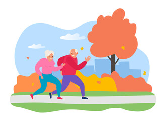 Obraz na płótnie Canvas happy senior couple running jogging in autumn park healthy lifestyle vector illustration