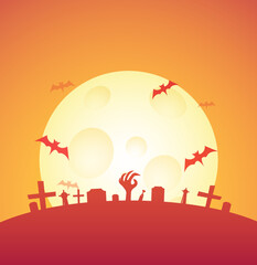 Halloween Holiday Poster with full moon cemetery. Greating card or Invitation to a Party - Vector illustration.