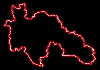 Red glowing neon map of Savanes Ivory Coast on black background.