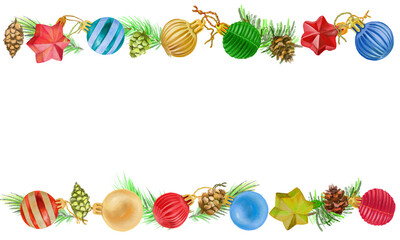 Watercolor colorful frame with Christmas 
decorations. With transparent layer.