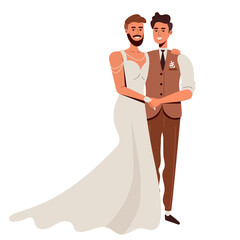 LGBT wedding. Two loving gay men. A bearded handsome man in a white bride's dress. love is love
