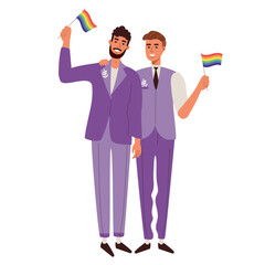 LGBT wedding. Gay men in purple and suits with rainbow flags. congratulations to the grooms.  pride!
