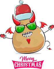 vector funny cartoon cute demon potato with santa claus red hat, fangs, trident and red wings isolated on white background. Childrens Merry Christmas greeting card with funny monster elf Santa Claus.