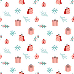 Christmas seamless pattern with gift boxes. New year pattern in flat style. Vector background for wrapping paper, banners, web design, scrapbooking and other holiday design