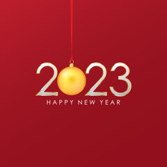 Gold 2023 Happy New Year Greeting on Red Background. New Year Vector Illustration.
