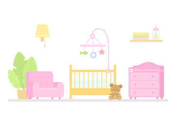 Baby crib, changing table and armchair for nursery. Home interior concept. Cartoon flat style. Vector illustration