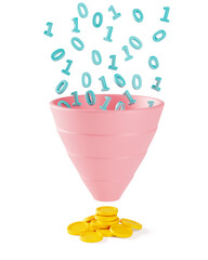 Good code makes money. Zero and one fall into the sales funnel as a symbol of code or information that bring coins as a symbol of profit. isolated on white background. 3d render