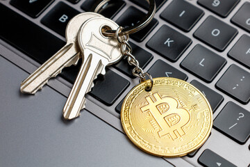 A bunch of keys and a bitcoin keychain on a laptop keyboard. Cryptocurrency wallet password concept.