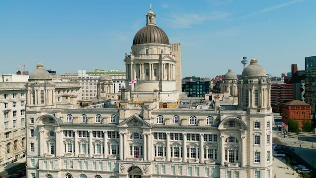 Famous Port of Liverpool Building at Pier Head - aerial view - drone photography