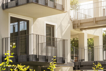 Balcony, Terrace, Bridge in Modern Residential Building. Balcony Steel Rail. Facade with Balconies...