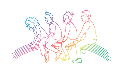 Happy pupils sitting on rainbow.