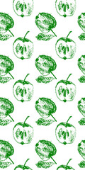 Green apple background. PNG apples seamless pattern with fruit hand drawn pencil illustration for vegan banner, juice, baby food packaging, jam label design. Color fruits backdrop. Cider badge.