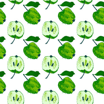 Green apple background. PNG apples seamless pattern with fruit hand drawn pencil illustration for vegan banner, juice, baby food packaging, jam label design. Color fruits backdrop. Cider badge.