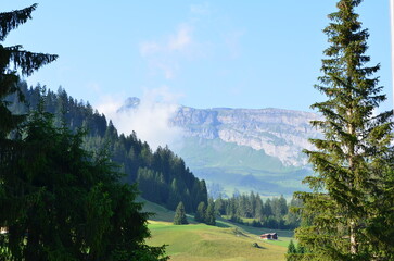 Panoramic view of rock wall at horizon in Swiss Alps