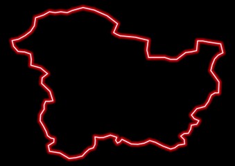 Red glowing neon map of Targovishte Bulgaria on black background.