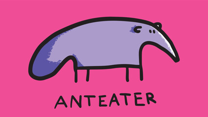 Handdrawn doodle anteater. Cute cartoon line art beast with a big tail. Educational vector illustration for kids
