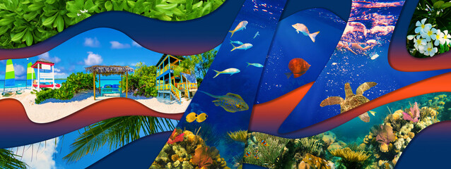 Half Moon Cay - small Caribbean island at Bahamas. Blue water and white sand. Collage