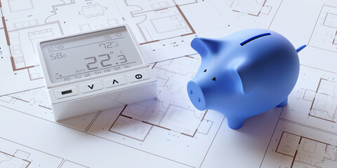 Building Energy cost saving. Heating thermostat and piggy bank on drawing.