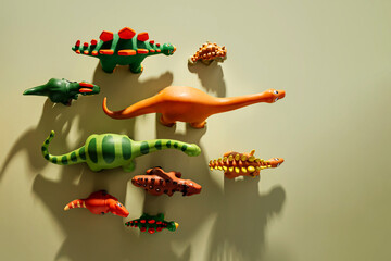 Toy dinosaurs with shadows on green background. Toys for Kids.  Games for learning and development...