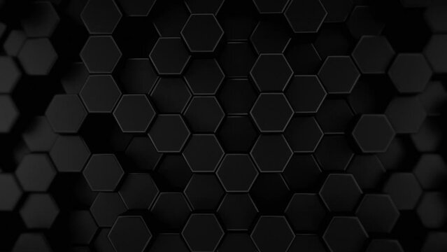 Black hexagonal honeycomb background. Seamless loop 3D render animation.