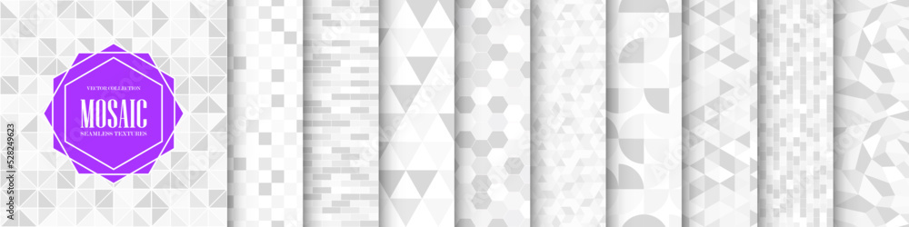 Poster Collection of seamless geometric patterns. White and gray mosaic tile endless textures. Abstract fashion artwork backgrounds