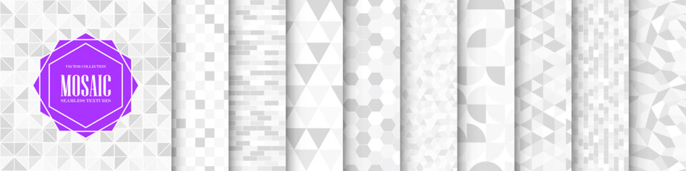Collection of seamless geometric patterns. White and gray mosaic tile endless textures. Abstract fashion artwork backgrounds - obrazy, fototapety, plakaty