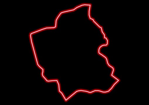 Red glowing neon map of Totonicapán Guatemala on black background.