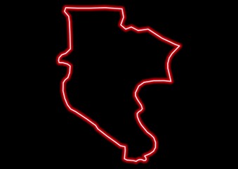 Red glowing neon map of Trebinje Bosnia and Herzegovina on black background.