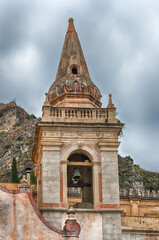 Ancient belltower, iconic landmark in Taormina, Sicily, Italy
