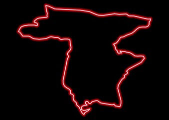 Red glowing neon map of Udine Italy on black background.