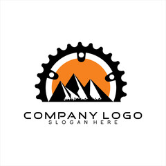 Fototapeta na wymiar Vector mountain bike club design logo with mountain concept, sunset and gears.