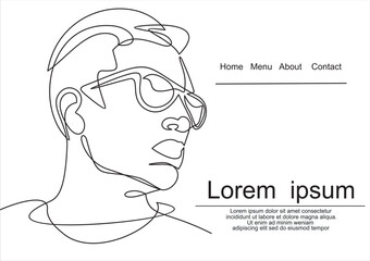 Linear portrait human face in glasses drawn in one continuous line.  linear vector logo design for eyeglass store, vision health clinic, male stylist and hairdresser