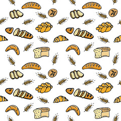 Vector seamless pattern of different kinds of bread. Bakery products. Vector bread and pastry.