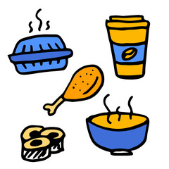 Colored Fast Food Doodle Icons, hot coffee set cartoon style, blue and yellow