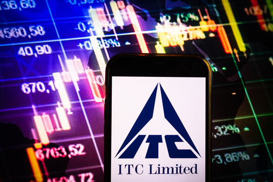 KONSKIE, POLAND - August 30, 2022: Smartphone displaying logo of ITC Limited company on stock exchange chart background
