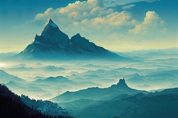 Mountain landscape with clouds. Cartoon, manga digital painting. Rocky view with blue cloudy sky. Epic, beautiful, relaxing simple wallpaper. Illustration background. - obrazy, fototapety, plakaty