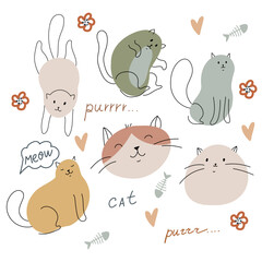 Obraz premium Funny cats in different poses. Simple kittens from spots and lines. Cute animal print. Vector illustration isolated on white background.