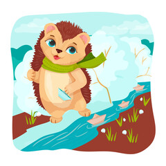 A cute hedgehog in a green scarf is playing with a paper boat. Spring games on the street. Cheerful hedgehog. Vector illustration on a white background.