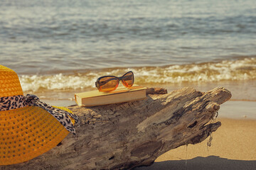Akcesoria plażowe ułożone na kawałku drewna wyrzuconego na brzeg, wakacje, słoneczny plażowy...
