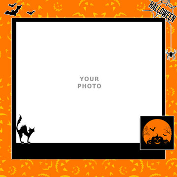 Halloween photo frame square shape with pumpkin bat and cat