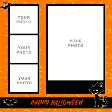 Halloween photo frame orange with a black cat for four photos to insert your photos