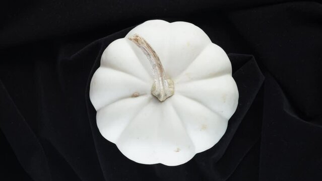 A white pumpkin rotates on a black background, a close-up view from above.