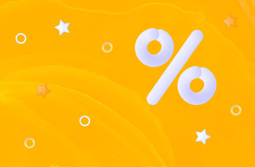 Yellow banner, percent icon 3d. Special discounts, interest rate change, gifts, bonus. Financial sign, commission, best promotion offer. Great percentage for loans, deposits. Flying summer percentage.