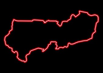 Red glowing neon map of Upper East Ghana on black background.