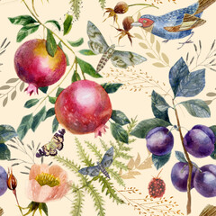 Watercolor illustration pattern. Fruits, plants, berries and birds. Pomegranate, rosehip, plum. Background, pattern. Summer forest image