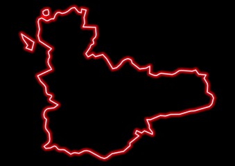 Red glowing neon map of Valladolid Spain on black background.